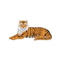 Lying Bengal tiger isolated on white background. Large wild cat. Animal with orange coat and black stripes. Vector