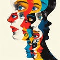 A colorful portrait of a woman with many faces and eyes, AI