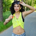 Colorful portrait of young funny fashion girl posing in summer style outfit Royalty Free Stock Photo