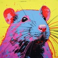 Colorful Portraiture: A Vibrant Painting Of A Blue And Pink Rat On A Yellow And Blue Canvas