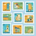 Colorful postage stamp set with house building