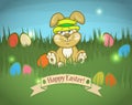 Colorful postcard for Easter with cartoon Rabbit and eggs