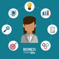 Colorful poster of businesswoman with icons set steps business idea