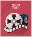 Colorful poster of cinema time with film reel and ticket