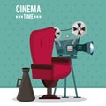 Colorful poster of cinema time with movie projector and director chair