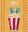 Colorful poster of cinema time with popcorn bucket and tickets