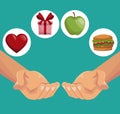 Colorful poster closeup hands holding a healthy food gifts