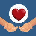 Colorful poster closeup hands holding a heart in circular frame