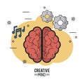 Colorful poster of creative mind with the brain top view of its two hemispheres and icons of pinions and musical notes