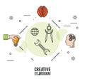 Colorful poster creative process with silhouettes of hand with light bulb and brain and face with pinions