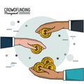 Colorful poster of crowd funding management with hands with money