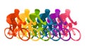 Colorful poster with cyclists riding bicycles. Cycling poses in bright silhouettes. Bicycle road racers. Competition and marathon. Royalty Free Stock Photo