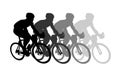 Colorful poster with cyclists riding bicycles. Cycling poses in bright silhouettes. Bicycle road racers. Competition and marathon. Royalty Free Stock Photo