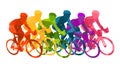 Colorful poster with cyclists riding bicycles. Cycling poses in bright silhouettes. Bicycle road racers. Competition and marathon. Royalty Free Stock Photo