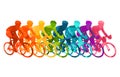 Colorful poster with cyclists riding bicycles. Cycling poses in bright silhouettes. Bicycle road racers. Competition and marathon. Royalty Free Stock Photo