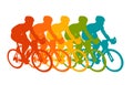 Colorful poster with cyclists riding bicycles. Cycling poses in bright silhouettes. Bicycle road racers. Competition and marathon. Royalty Free Stock Photo