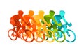 Colorful poster with cyclists riding bicycles. Cycling poses in bright silhouettes. Bicycle road racers. Competition and marathon. Royalty Free Stock Photo