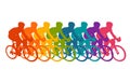 Colorful poster with cyclists riding bicycles. Cycling poses in bright silhouettes. Bicycle road racers. Competition and marathon. Royalty Free Stock Photo