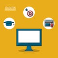 Colorful poster of education with computer in closeup and icons of graduation