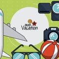 Colorful poster of enjoy vacation with plane and camera and glasses and beach ball Royalty Free Stock Photo