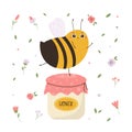 Colorful poster with funny cartoon bee dancing on a honey jar