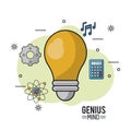 Colorful poster of genius mind with light bulb in closeup and icons of pinions and musical notes and calculator and atom