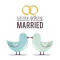 Colorful poster of we are getting married with pigeons couple