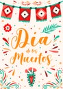 Colorful poster or greeting card for national mexican holiday Dia de los muertos. Vertical placard decorated with