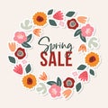 Colorful poster with hand drawn floral wreath. Spring Sale business concept. Cut out circle of tulip, rose, daisy