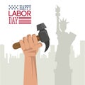 Colorful poster of happy labor day with hand holding hammer and statue of liberty in background Royalty Free Stock Photo