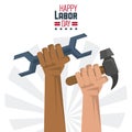 Colorful poster of happy labor day with hands with tools wrench and hammer