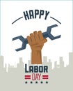 Colorful poster of happy labor day with silhouette of city and hand holding tool wrench Royalty Free Stock Photo