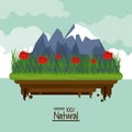 Colorful poster one hundred percent natural with red flowers field and snowy mountains Royalty Free Stock Photo