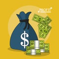 Colorful poster of profit with money bag and stack money bills