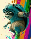 A colorful poster with a raccoon wearing a helmet and glasses.