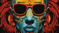 A colorful poster with a robot face and sunglasses, AI