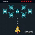 Colorful poster of save game press start with graphics of spatial game in level three