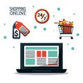 Colorful poster shopping online with laptop computer and shopping cart and shipping time icon