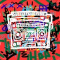 Colorful poster with sketch of cassette recorder on background with text Hip Hop, crowns and abstract elements.