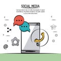 Colorful poster of social media with icons speech bubbles settings logo and phone with smartphone in back side Royalty Free Stock Photo