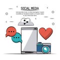 Colorful poster of social media with smartphone and icons heart and and camera and speech bubble and cloud link