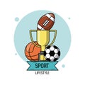 Colorful poster of sport lifestyle with trophy and balls of football and basketball and soccer Royalty Free Stock Photo