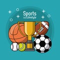 Colorful poster of sports lifestyle with trophy and balls of soccer basketball football tennis and baseball Royalty Free Stock Photo