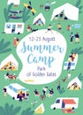 Colorful poster of summer camp with place for text vector flat illustration. Announcement template for camping vacation Royalty Free Stock Photo