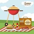 Colorful poster of summer picnic with field landscape and picnic basket in tablecloth with charcoal grill and sausage