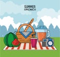 Colorful poster of summer picnic with outdoor landscape and picnic basket in tablecloth with watermelon and juice jar Royalty Free Stock Photo