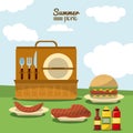 Colorful Poster Of Summer Picnic With Outdoor Landscape And Picnic Basket With Cutlery Set And Dishes With Meat And