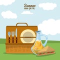 Colorful Poster Of Summer Picnic With Outdoor Landscape And Picnic Basket With Cutlery Set And Juice Jar And Sandwich