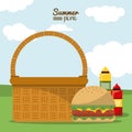 Colorful poster of summer picnic with outdoor landscape with picnic basket with hamburger and sauces