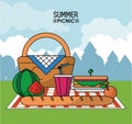 Colorful poster of summer picnic with outdoor landscape and picnic basket in tablecloth with watermelon and sandwich and